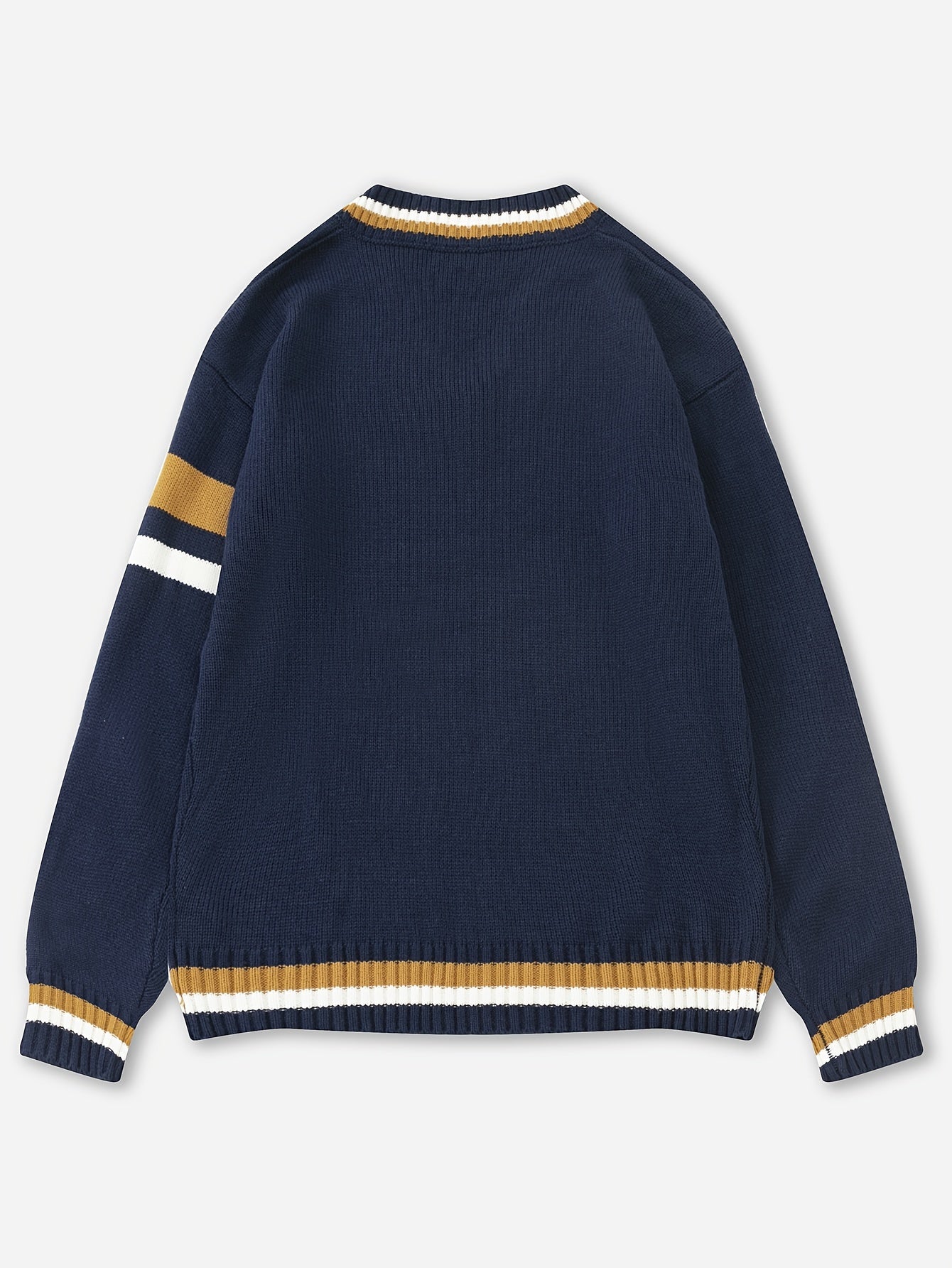 Men'S Casual V-Neck Sweater - Acrylic Knit Pullover with Stripe Detail, Loose Fit for Fall/Winter, British Style