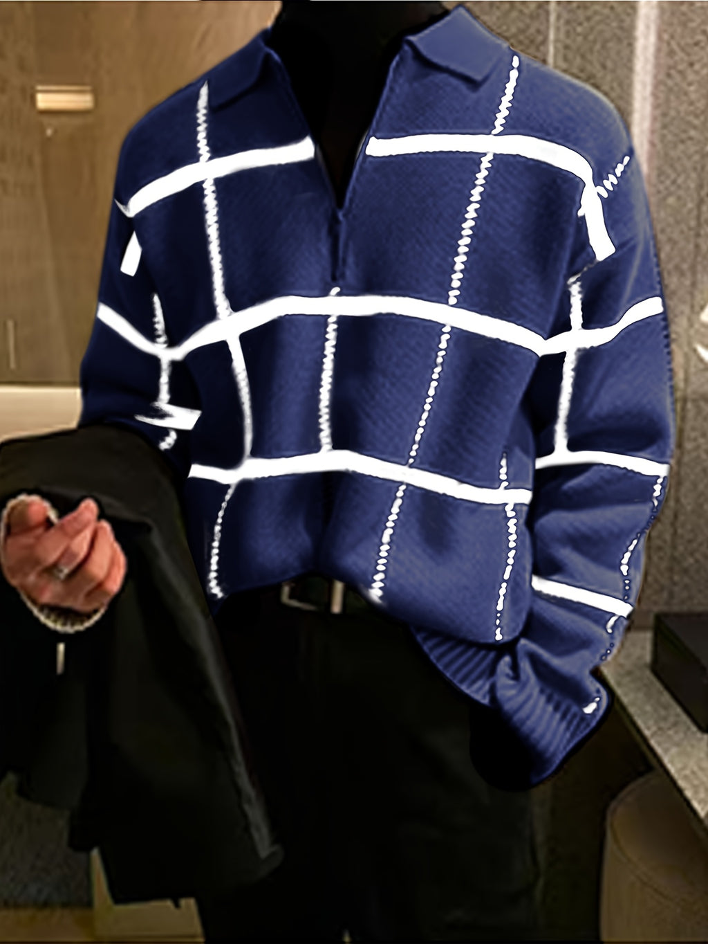 Men'S Retro Plaid & Stripe Knit Sweater - Black & White Striped Collar & Half-Zipper Front, Medium Stretch Durable Knitwear, Regular Fit Long Sleeve Winter Warmth, Casual Fall/Winter Sweater for Men, Classic Versatile Layerin