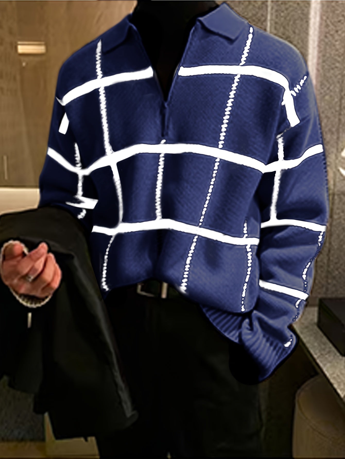 Men'S Retro Plaid & Stripe Knit Sweater - Black & White Striped Collar & Half-Zipper Front, Medium Stretch Durable Knitwear, Regular Fit Long Sleeve Winter Warmth, Casual Fall/Winter Sweater for Men, Classic Versatile Layerin