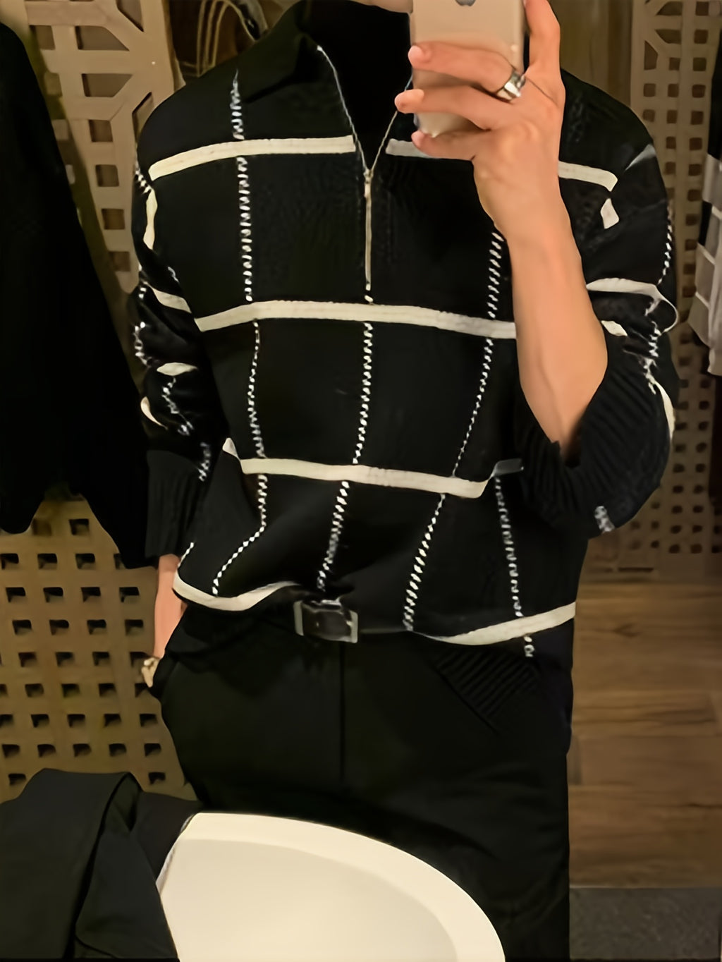 Men'S Retro Plaid & Stripe Knit Sweater - Black & White Striped Collar & Half-Zipper Front, Medium Stretch Durable Knitwear, Regular Fit Long Sleeve Winter Warmth, Casual Fall/Winter Sweater for Men, Classic Versatile Layerin