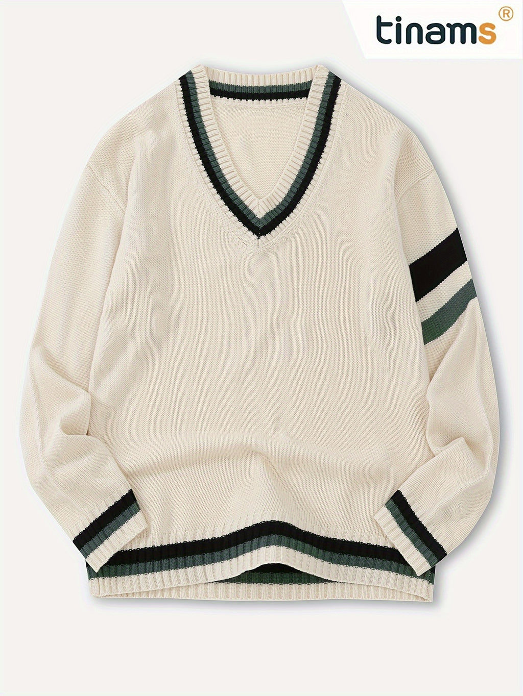 Men'S Casual V-Neck Sweater - Acrylic Knit Pullover with Stripe Detail, Loose Fit for Fall/Winter, British Style