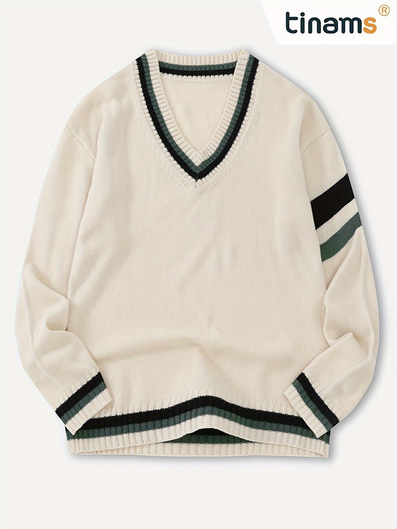 Men'S Casual V-Neck Sweater - Acrylic Knit Pullover with Stripe Detail, Loose Fit for Fall/Winter, British Style