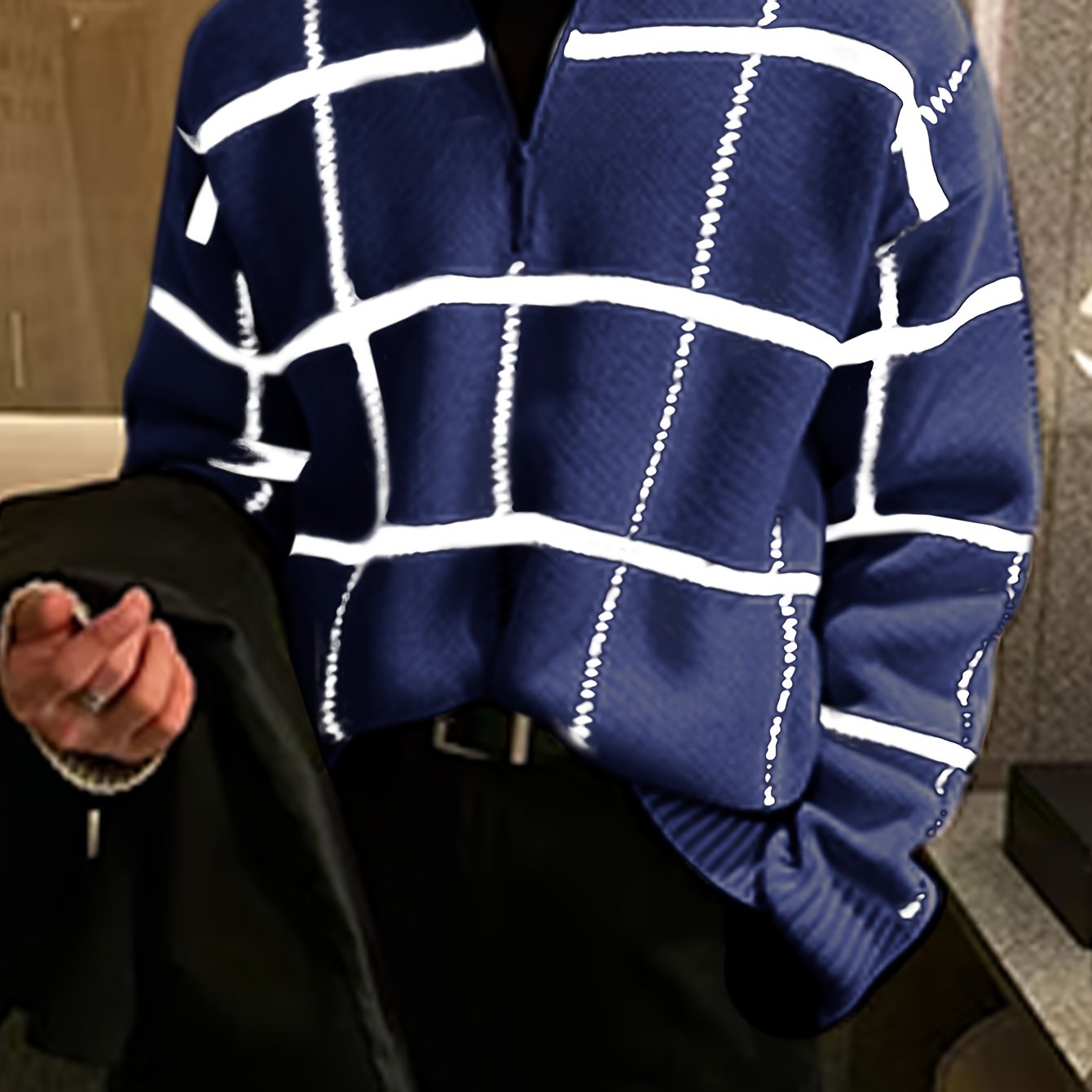 Men'S Retro Plaid & Stripe Knit Sweater - Black & White Striped Collar & Half-Zipper Front, Medium Stretch Durable Knitwear, Regular Fit Long Sleeve Winter Warmth, Casual Fall/Winter Sweater for Men, Classic Versatile Layerin