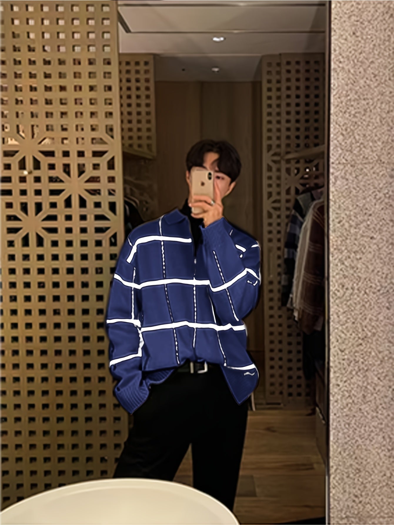 Men'S Retro Plaid & Stripe Knit Sweater - Black & White Striped Collar & Half-Zipper Front, Medium Stretch Durable Knitwear, Regular Fit Long Sleeve Winter Warmth, Casual Fall/Winter Sweater for Men, Classic Versatile Layerin