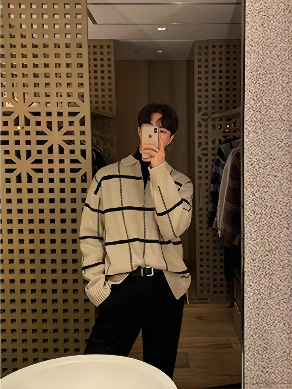 Men'S Retro Plaid & Stripe Knit Sweater - Black & White Striped Collar & Half-Zipper Front, Medium Stretch Durable Knitwear, Regular Fit Long Sleeve Winter Warmth, Casual Fall/Winter Sweater for Men, Classic Versatile Layerin