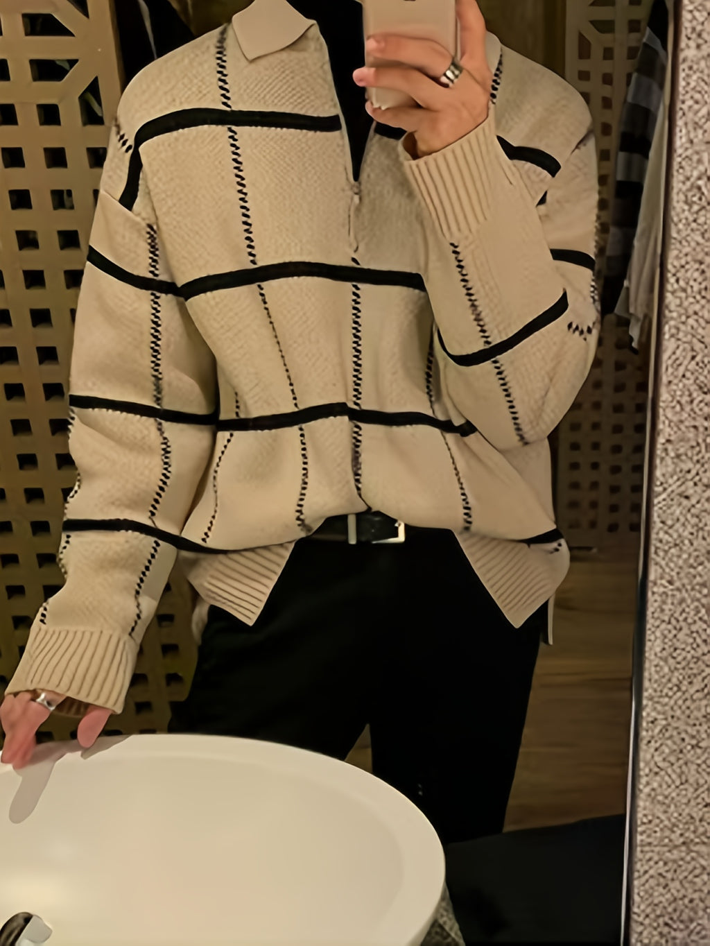 Men'S Retro Plaid & Stripe Knit Sweater - Black & White Striped Collar & Half-Zipper Front, Medium Stretch Durable Knitwear, Regular Fit Long Sleeve Winter Warmth, Casual Fall/Winter Sweater for Men, Classic Versatile Layerin