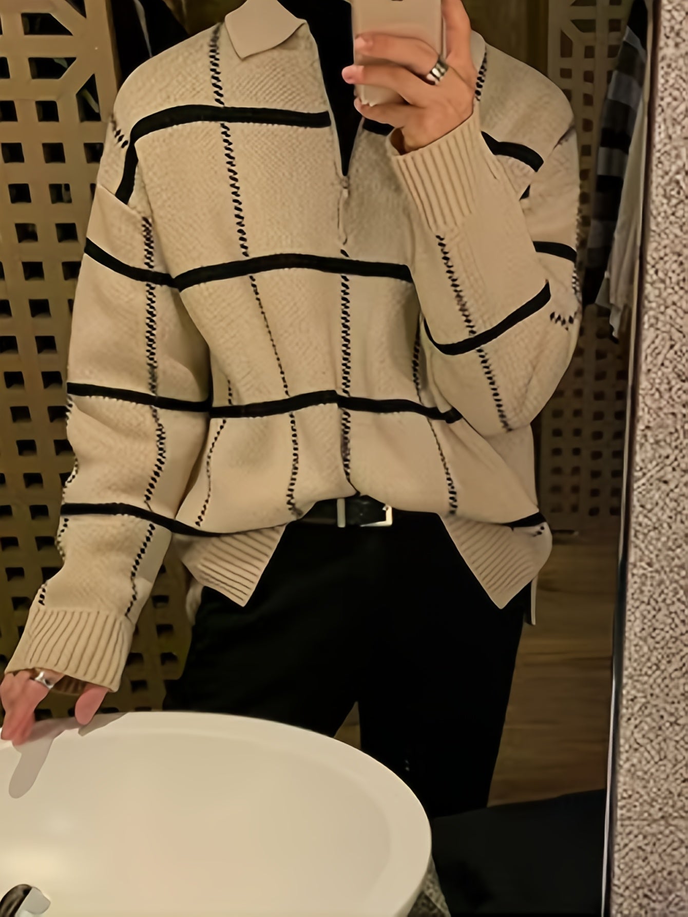 Men'S Retro Plaid & Stripe Knit Sweater - Black & White Striped Collar & Half-Zipper Front, Medium Stretch Durable Knitwear, Regular Fit Long Sleeve Winter Warmth, Casual Fall/Winter Sweater for Men, Classic Versatile Layerin