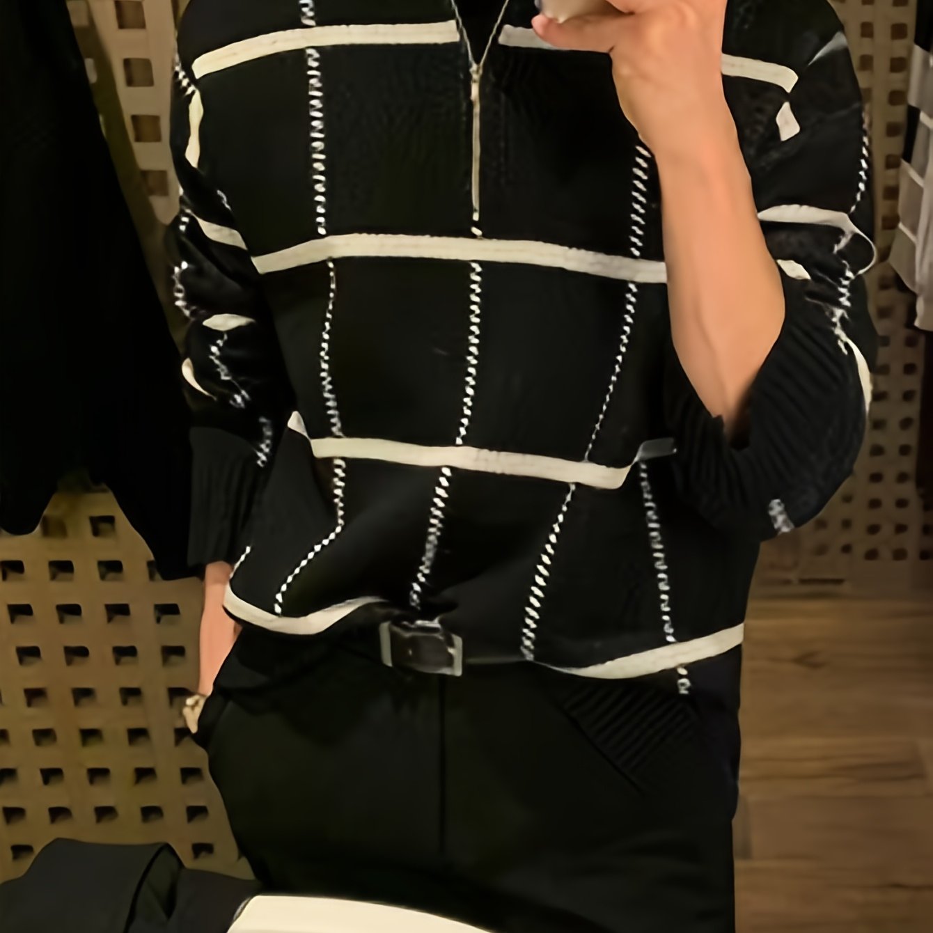 Men'S Retro Plaid & Stripe Knit Sweater - Black & White Striped Collar & Half-Zipper Front, Medium Stretch Durable Knitwear, Regular Fit Long Sleeve Winter Warmth, Casual Fall/Winter Sweater for Men, Classic Versatile Layerin