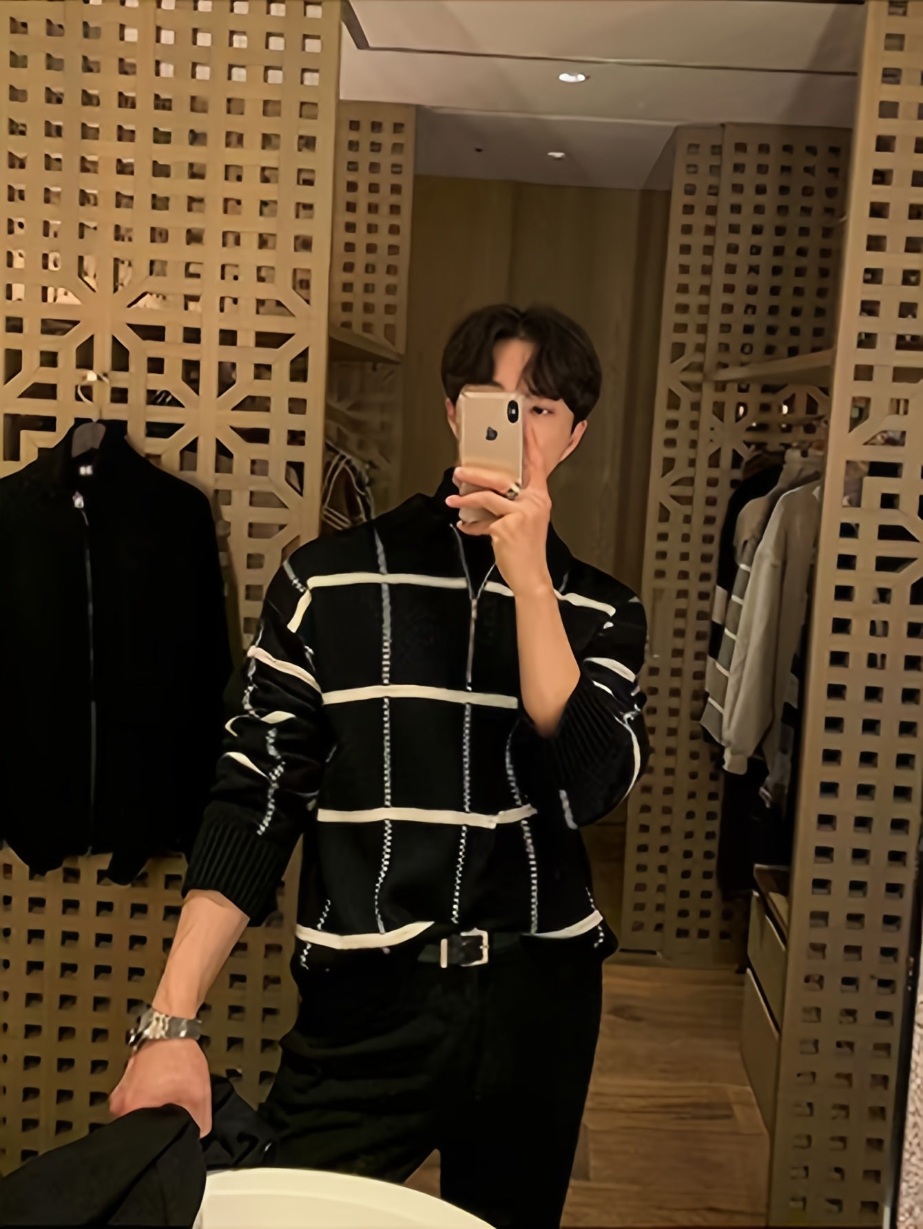 Men'S Retro Plaid & Stripe Knit Sweater - Black & White Striped Collar & Half-Zipper Front, Medium Stretch Durable Knitwear, Regular Fit Long Sleeve Winter Warmth, Casual Fall/Winter Sweater for Men, Classic Versatile Layerin