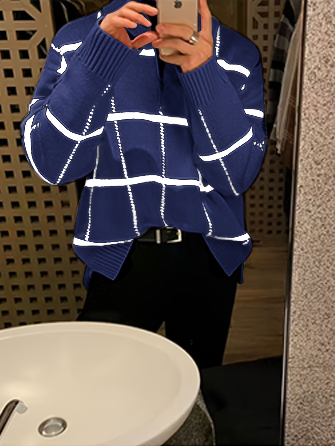 Men'S Retro Plaid & Stripe Knit Sweater - Black & White Striped Collar & Half-Zipper Front, Medium Stretch Durable Knitwear, Regular Fit Long Sleeve Winter Warmth, Casual Fall/Winter Sweater for Men, Classic Versatile Layerin