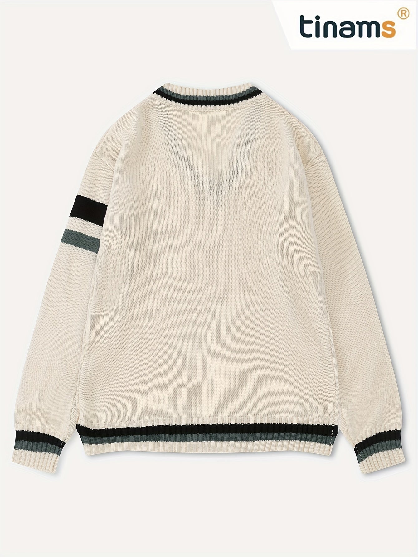 Men'S Casual V-Neck Sweater - Acrylic Knit Pullover with Stripe Detail, Loose Fit for Fall/Winter, British Style