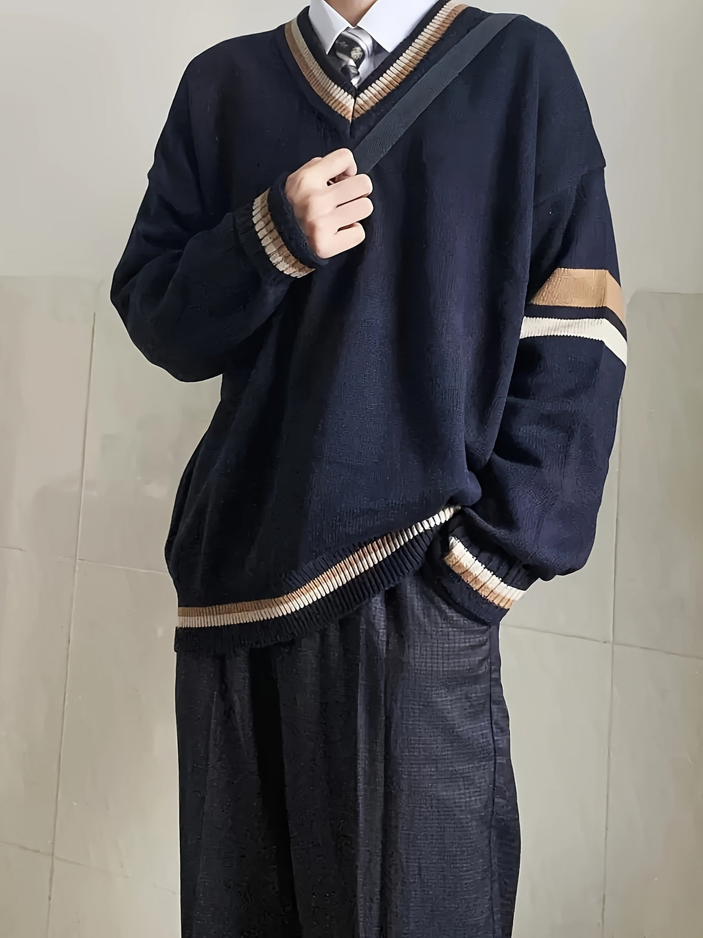 Men'S Casual V-Neck Sweater - Acrylic Knit Pullover with Stripe Detail, Loose Fit for Fall/Winter, British Style