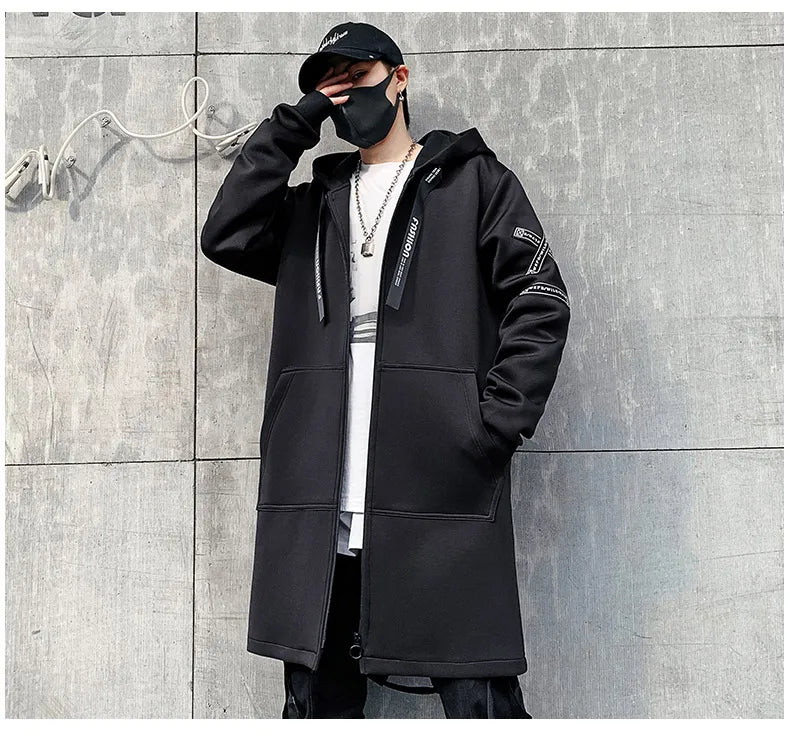2024 Spring Autumn Men Hooded Jackets Print Harajuku Windbreaker Ribbon Overcoat Male Casual Outwear Hip Hop Streetwear Coats