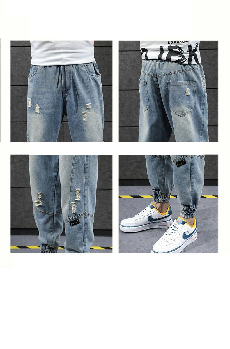 2026 New Hip Hop Harem Jeans Pants Men Loose Joggers Denim Casual Sweatpants Korea Ankle Length Trousers Streetwear Male Clothes