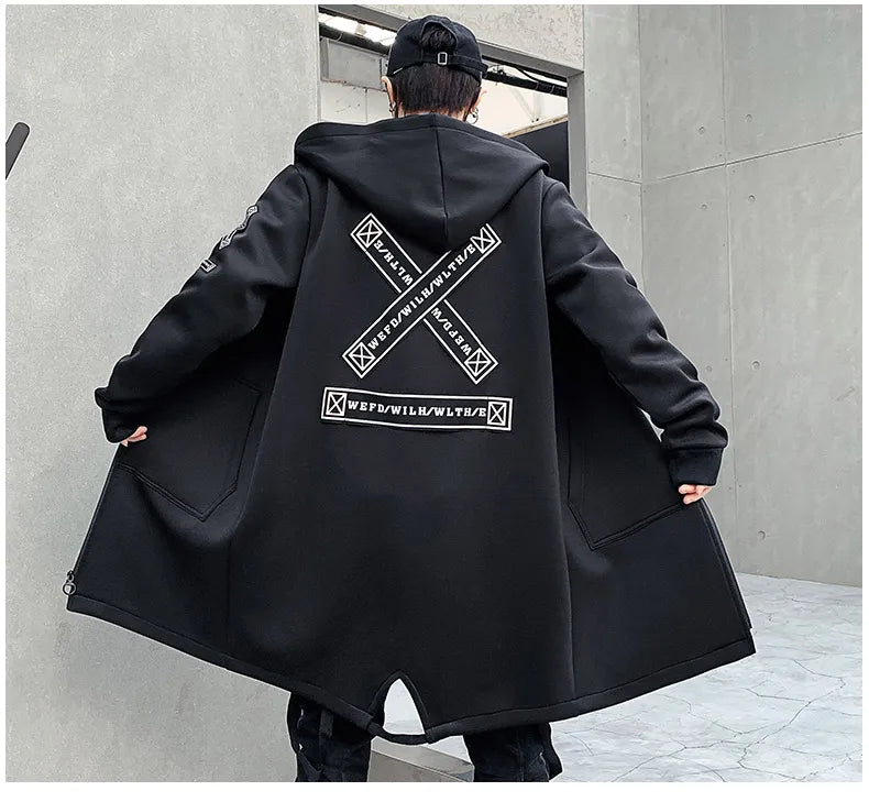 2024 Spring Autumn Men Hooded Jackets Print Harajuku Windbreaker Ribbon Overcoat Male Casual Outwear Hip Hop Streetwear Coats