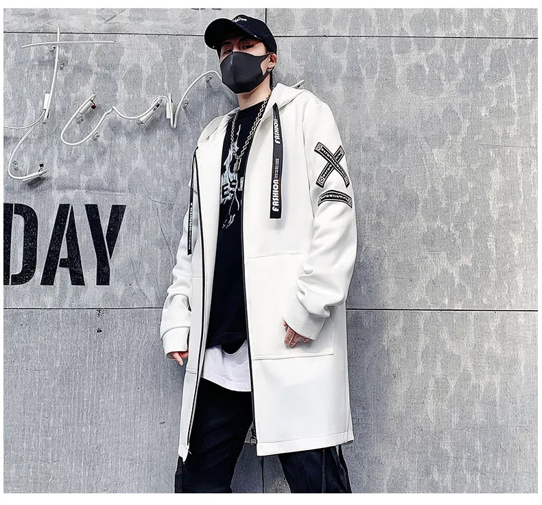 2024 Spring Autumn Men Hooded Jackets Print Harajuku Windbreaker Ribbon Overcoat Male Casual Outwear Hip Hop Streetwear Coats