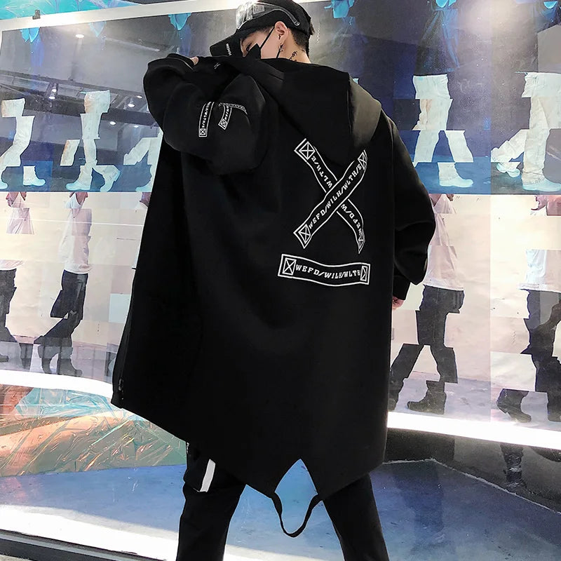 2024 Spring Autumn Men Hooded Jackets Print Harajuku Windbreaker Ribbon Overcoat Male Casual Outwear Hip Hop Streetwear Coats