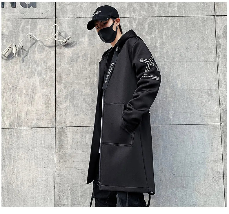2024 Spring Autumn Men Hooded Jackets Print Harajuku Windbreaker Ribbon Overcoat Male Casual Outwear Hip Hop Streetwear Coats