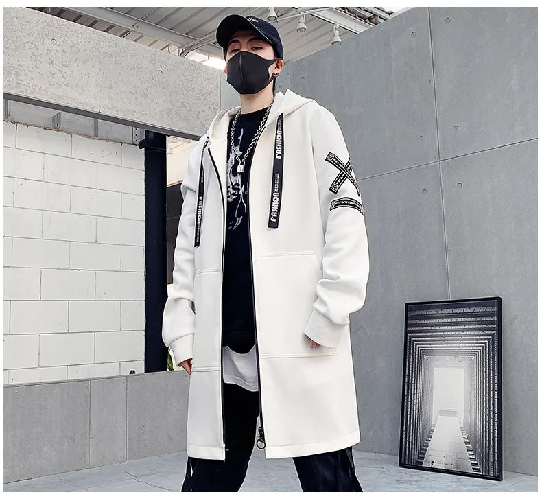 2024 Spring Autumn Men Hooded Jackets Print Harajuku Windbreaker Ribbon Overcoat Male Casual Outwear Hip Hop Streetwear Coats