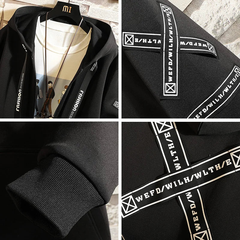 2024 Spring Autumn Men Hooded Jackets Print Harajuku Windbreaker Ribbon Overcoat Male Casual Outwear Hip Hop Streetwear Coats