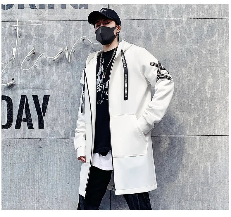 2024 Spring Autumn Men Hooded Jackets Print Harajuku Windbreaker Ribbon Overcoat Male Casual Outwear Hip Hop Streetwear Coats