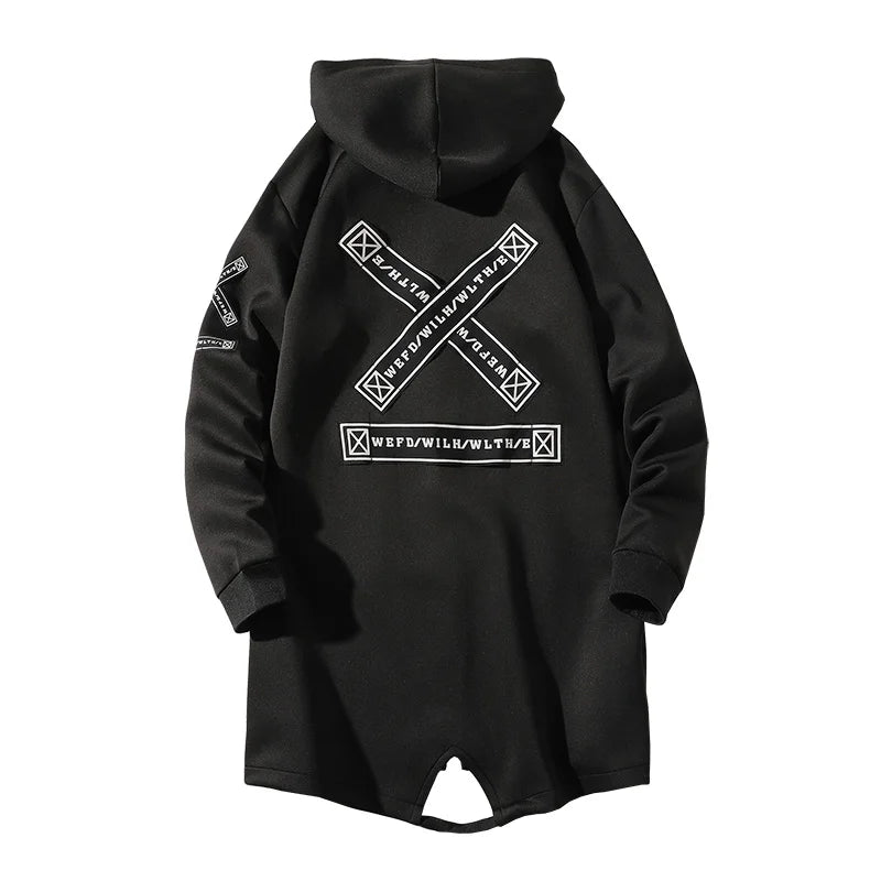 2024 Spring Autumn Men Hooded Jackets Print Harajuku Windbreaker Ribbon Overcoat Male Casual Outwear Hip Hop Streetwear Coats