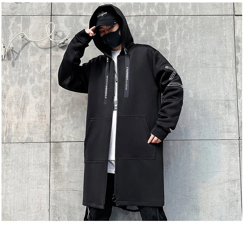 2024 Spring Autumn Men Hooded Jackets Print Harajuku Windbreaker Ribbon Overcoat Male Casual Outwear Hip Hop Streetwear Coats