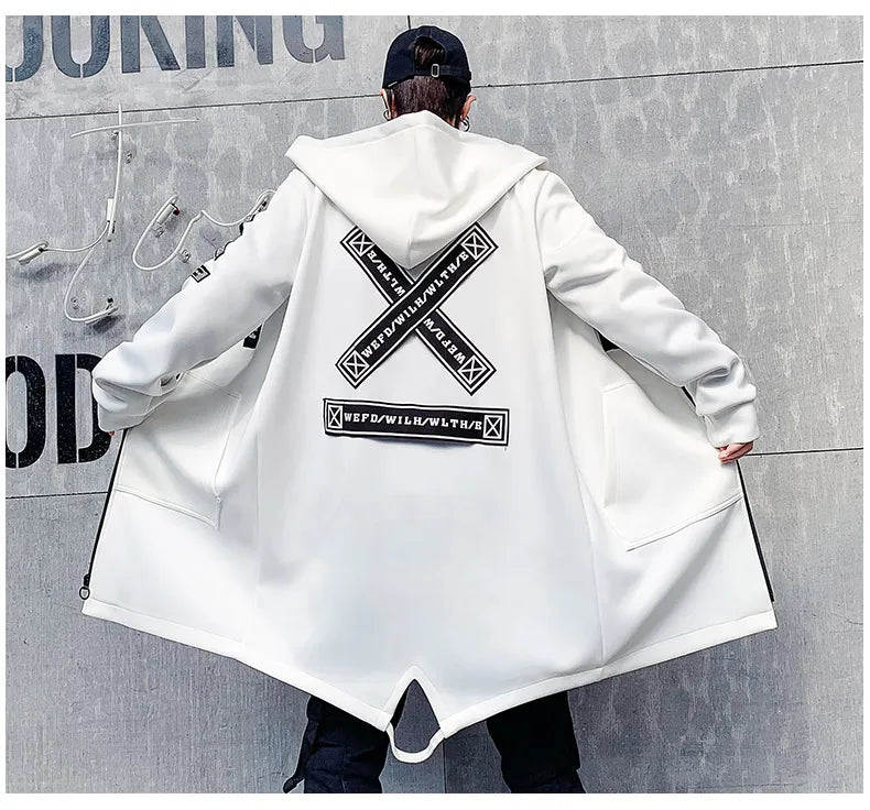 2024 Spring Autumn Men Hooded Jackets Print Harajuku Windbreaker Ribbon Overcoat Male Casual Outwear Hip Hop Streetwear Coats