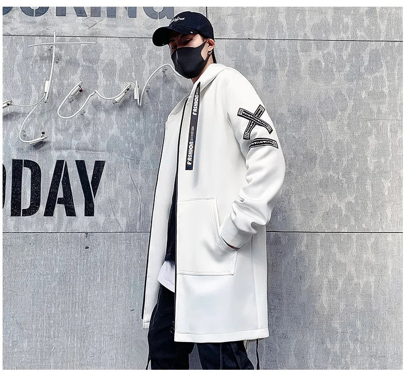 2024 Spring Autumn Men Hooded Jackets Print Harajuku Windbreaker Ribbon Overcoat Male Casual Outwear Hip Hop Streetwear Coats