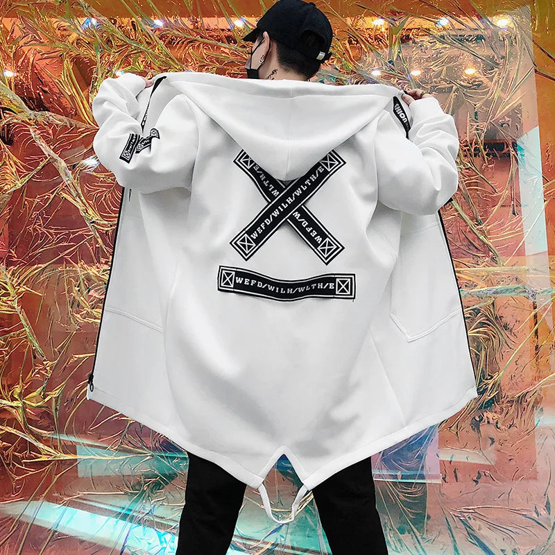2024 Spring Autumn Men Hooded Jackets Print Harajuku Windbreaker Ribbon Overcoat Male Casual Outwear Hip Hop Streetwear Coats