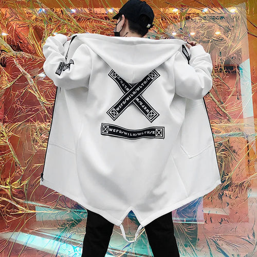 2024 Spring Autumn Men Hooded Jackets Print Harajuku Windbreaker Ribbon Overcoat Male Casual Outwear Hip Hop Streetwear Coats