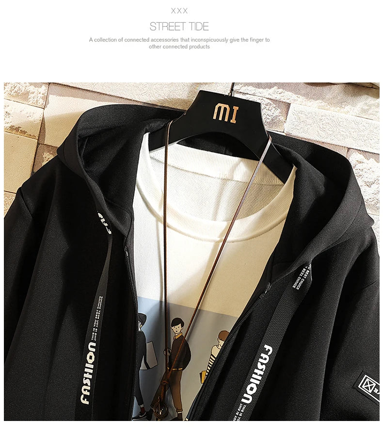 2024 Spring Autumn Men Hooded Jackets Print Harajuku Windbreaker Ribbon Overcoat Male Casual Outwear Hip Hop Streetwear Coats