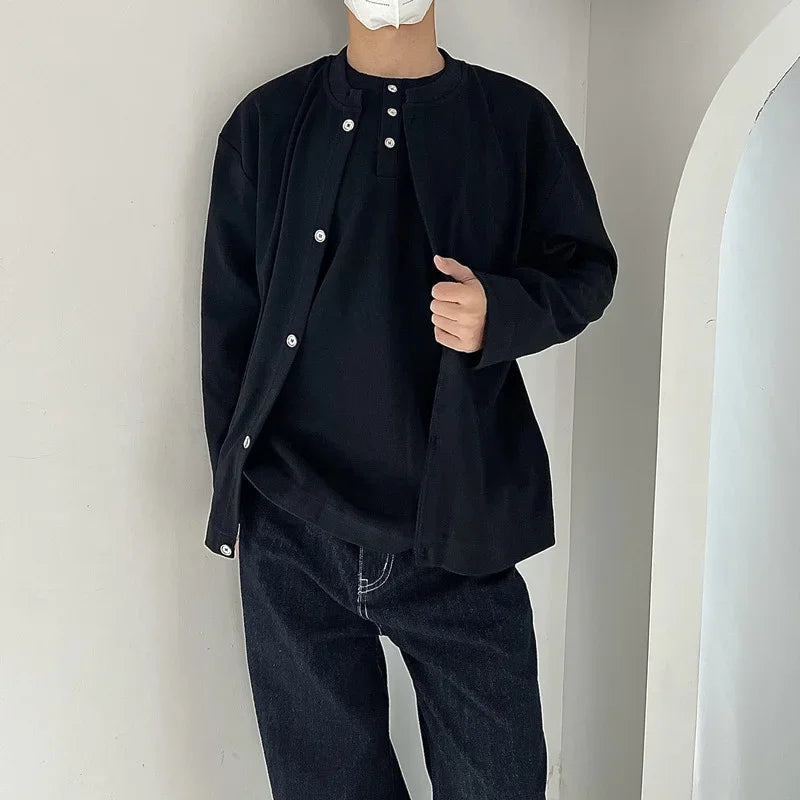 2025 New Casual Fake Two-piece Sweatshirts For Men Solid Color Henley Neck Button Jackets Korean Fashion Loose Y2K Sudaderas