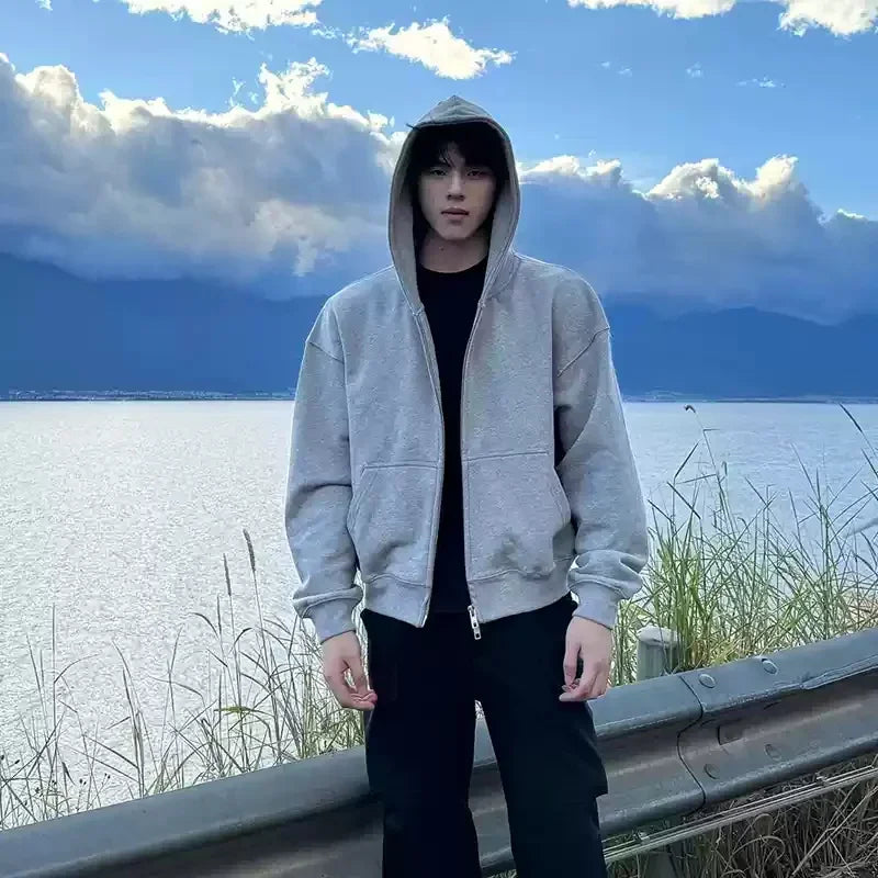 Winter Men's Fleece Zipper Hooded Sweatshirts 2025 New Classic Solid Color Oversized Hoodies Y2K Streetwear Outerwear Tracksuit