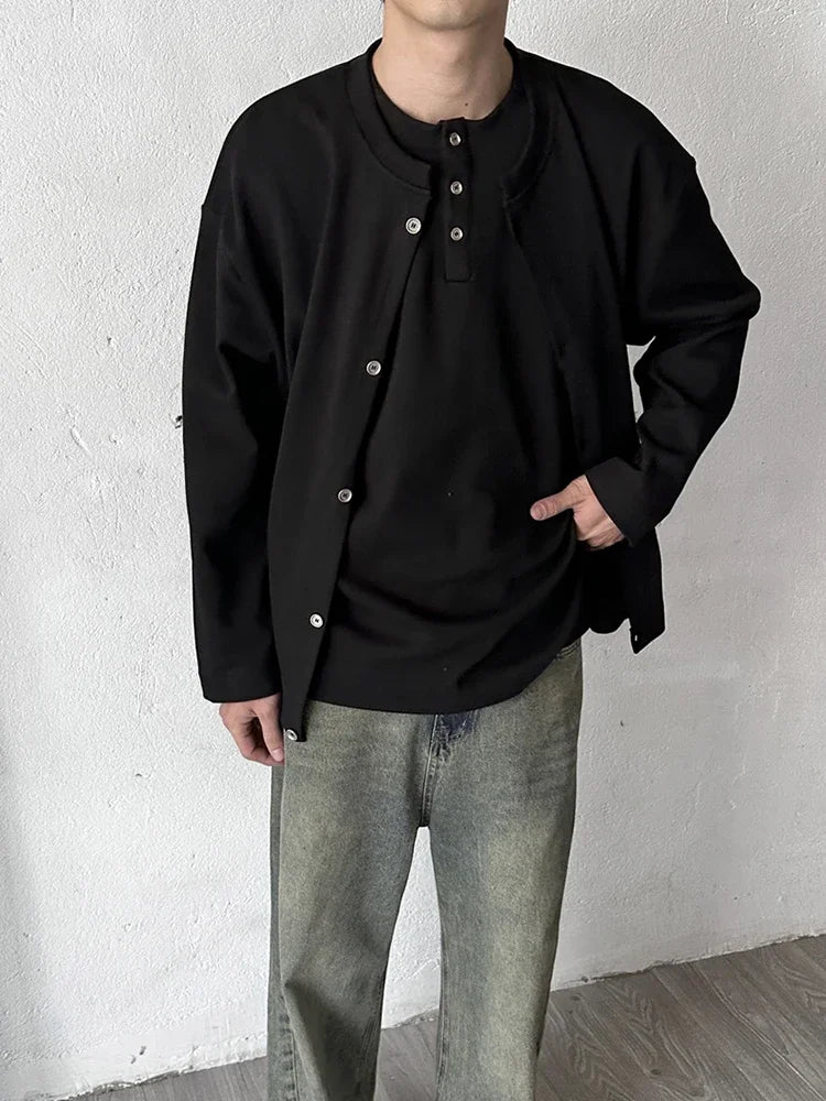 2025 New Casual Fake Two-piece Sweatshirts For Men Solid Color Henley Neck Button Jackets Korean Fashion Loose Y2K Sudaderas