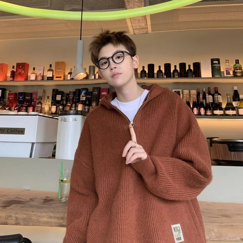 Men's Half-zip Hooded Sweater Winter Loose-fit Trendy Knitted Top Solid Color Simple Casual Line Cloth Pullovers