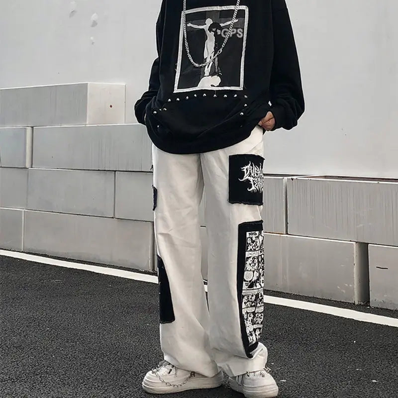 2024 Y2K Wide Leg Pants Black Cargo Trousers Male Hip Hop White Casual Harajuku Gothic Japanese Streetwear Patchwork 5XL