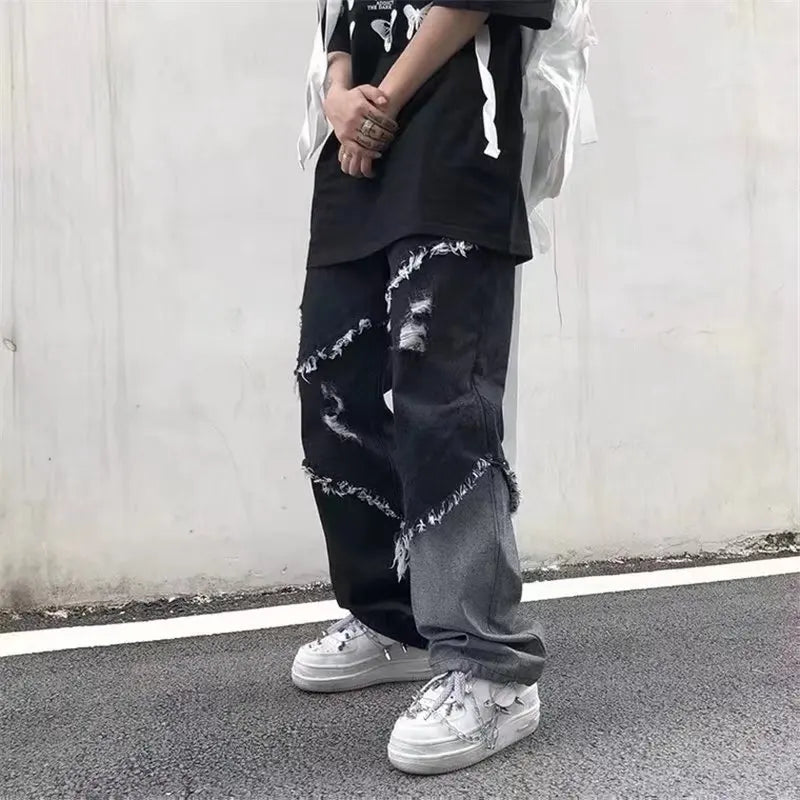 Mens Jeans Pants With Hole Casual Vintage Straight Leg Korean Fashion Streetwear Harajuku Trousers
