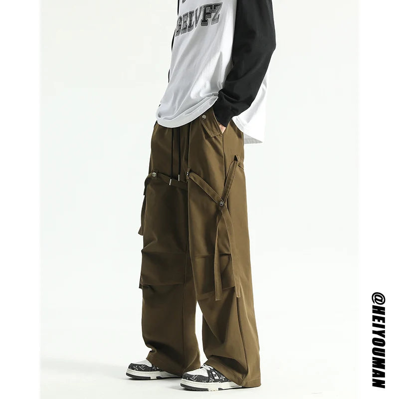 Straight Casual Men's Pants Wide Leg Drawstring Black Cargo Pants Unisex Baggy Casual Overalls Streetwear Oversized Trousers