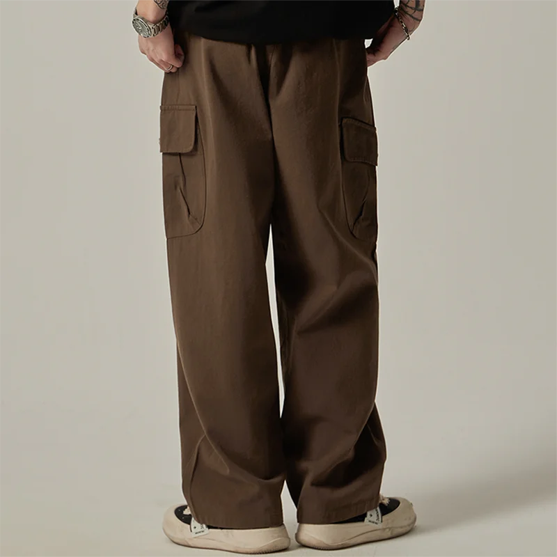 Big Side Pocket Men's Pants Spring Vintage Wide Leg Straight Button Multiple Pockets Work Cargo Pants Male Drawstring Trousers