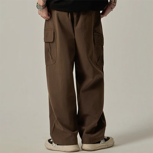Big Side Pocket Men's Pants Spring Vintage Wide Leg Straight Button Multiple Pockets Work Cargo Pants Male Drawstring Trousers