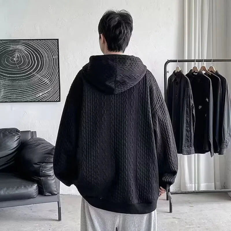 Korean Fashion Waffle Zipper Hooded Sweatshirt Men's Autumn Casual Oversized Y2K Hoodies 2026 New High Street Vintage Jacket