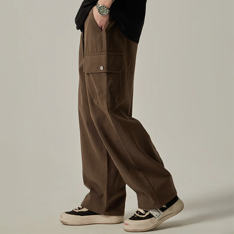 Big Side Pocket Men's Pants Spring Vintage Wide Leg Straight Button Multiple Pockets Work Cargo Pants Male Drawstring Trousers