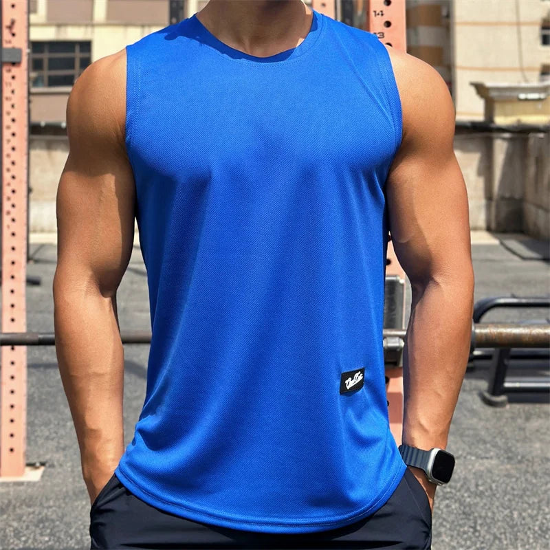 2023 Summer New Trend Men's Pullover Round Neck Mesh Bottom Sports Fitness running Top Sleeveless Tank Top Quick Drying
