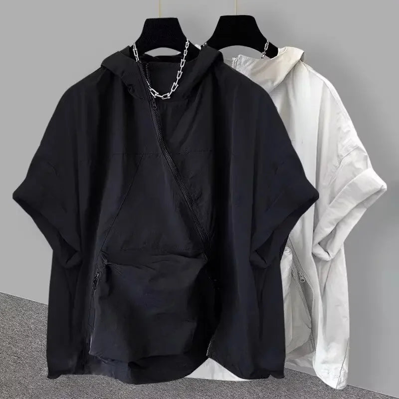 Trendy Zip-Up Hooded Short Sleeve Men's T-Shirt Korean Style Loose Fit Large Pocket Summer Casual Tops