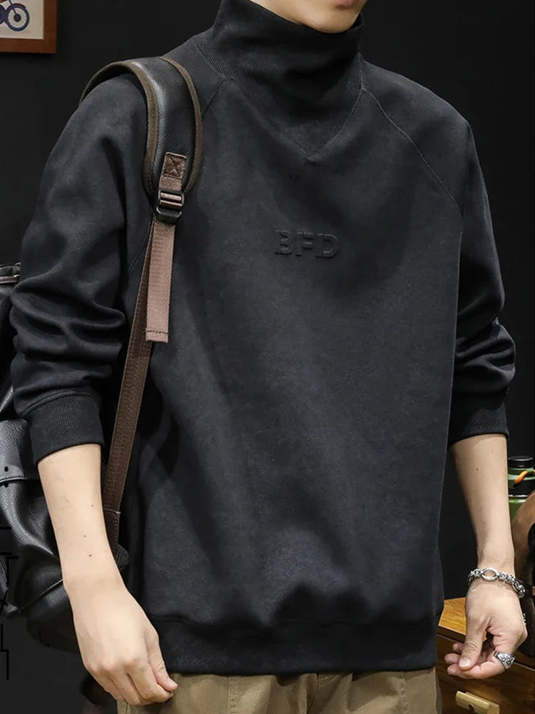 Autumn Suede Turtleneck Long Sleeve Sweatshirts Men Letter Foam Print Patchwork Crewneck Pullover Hoodie Y2K Streetwear Clothes