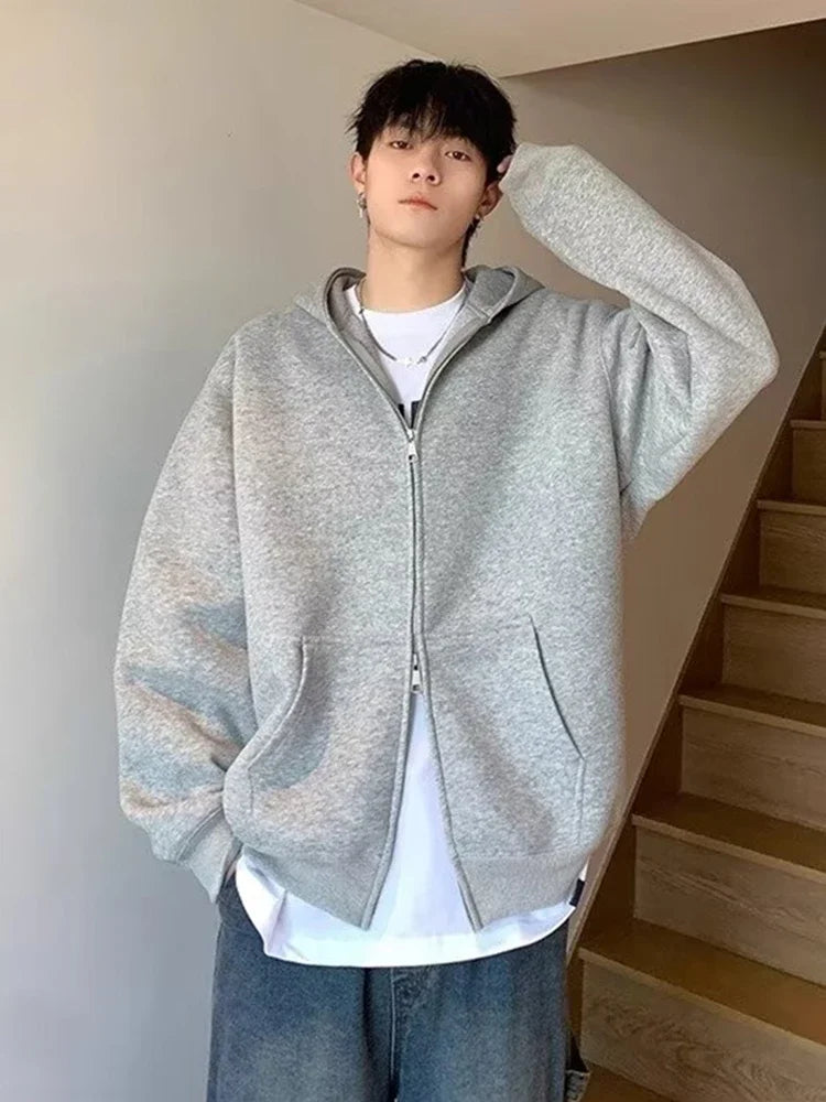 Winter Men's Fleece Zipper Hooded Sweatshirts 2025 New Classic Solid Color Oversized Hoodies Y2K Streetwear Outerwear Tracksuit