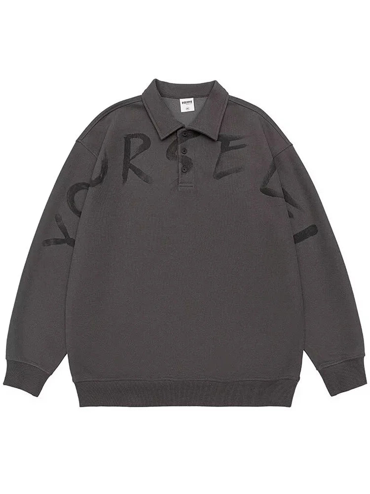 New High Street Letter Print Sweatshirts For Men Autumn Casual Long Sleeve Polo Shirts Y2K Vintage Oversized Lapel Hoodies