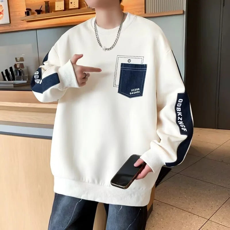2025 New Patchwork Pockets Sweatshirts For Man Letter Printed Crewneck Pullover Hoodies Autumn Y2K Streetwear Sudaderas Hombre