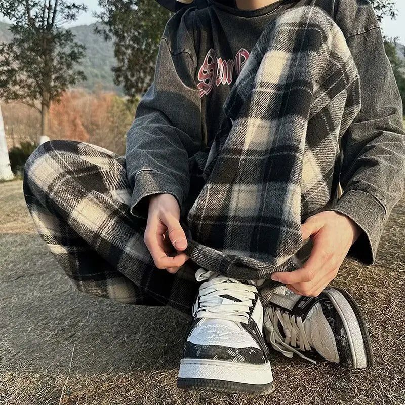 Vintage American Style Tweed Plaid Men's Pants Loose Straight Wide Leg Casual Trousers Trendy Brand Punk Rock Streetwear
